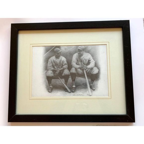 VTG Baseball Print Framed Matted Babe Ruth Lou Gehrig Friedlander Home Decor - Picture 2 of 9